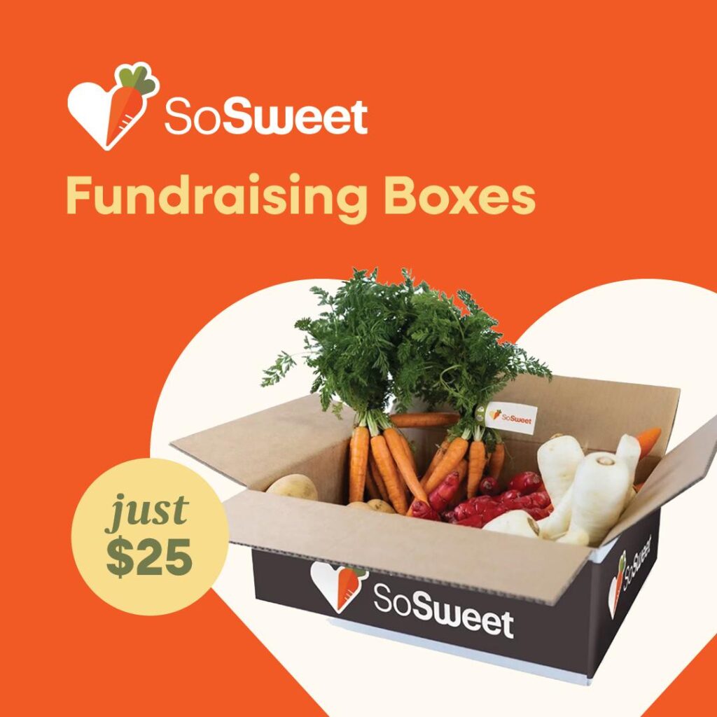 A So Sweet Fundraising Box filled with fresh carrots, potatoes and parsnips, representing healthy fundraising in New Zealand.