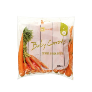 500g bag of So Sweet Baby Carrots, washed and trimmed for freshness, showing bright orange carrots in clear packaging.