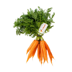 Fresh bunch of So Sweet carrots with green tops and branded label, hand-harvested for natural sweetness and vibrant colour.
