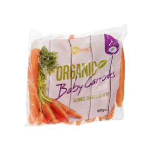 500g bag of So Sweet Organic Baby Carrots, fresh and pre-packed for quality, showing bright orange carrots in clear recyclable packaging.