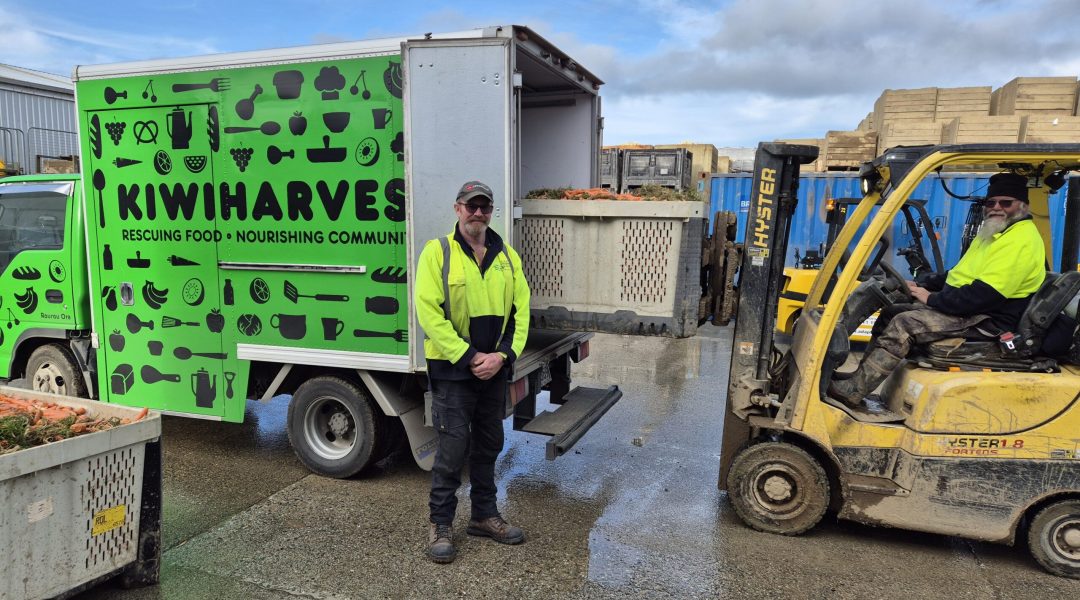KiwiHarvest food distributors collecting rescued produce with forklift and delivery truck, supporting So Sweet partnerships
